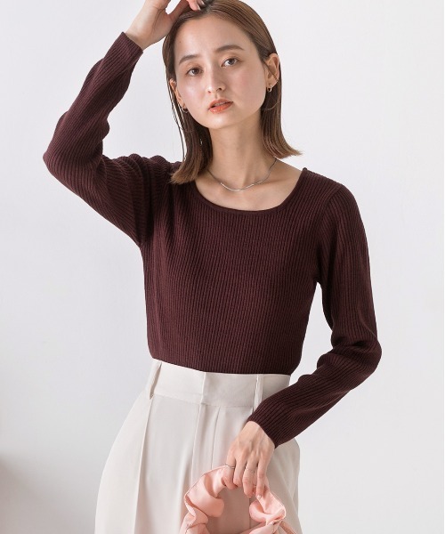 ad thie(アドティエ)の「スクエアネック リブニットトップス(ニット/セーター・レディース・ライトグリーン/ブラウン/オフホワイト/パープル/マスタード/ベージュ/オレンジ/カーキ/ブラック・FREE)」の20枚目の写真