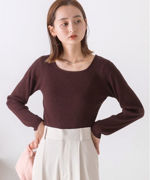 ad thie(アドティエ)の「スクエアネック リブニットトップス(ニット/セーター・レディース・ライトグリーン/ブラウン/オフホワイト/パープル/マスタード/ベージュ/オレンジ/カーキ/ブラック・FREE)」の21枚目の写真