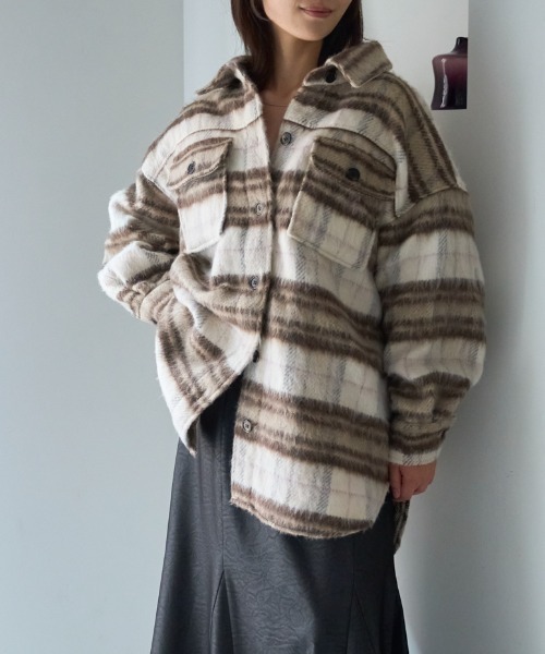オーバーサイズ シャギーチェックシャツジャケット（ブルゾン