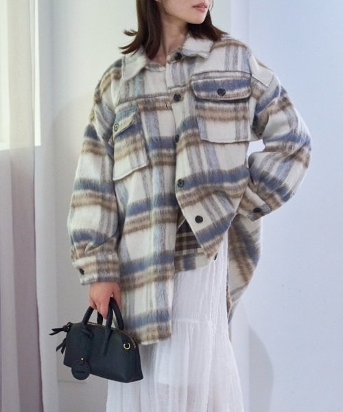 セール】オーバーサイズ シャギーチェックシャツジャケット（ブルゾン