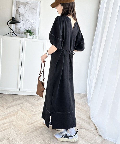 ナチュラル感が魅力。前後2way配色ステッチランタンスリーブワンピース