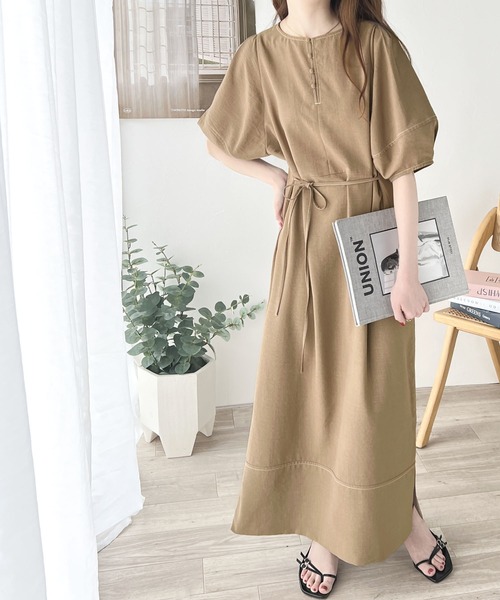 ナチュラル感が魅力。前後2way配色ステッチランタンスリーブワンピース