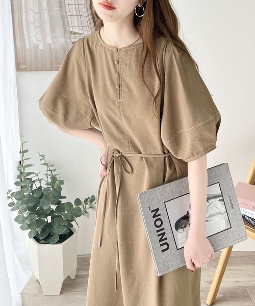 自然体で1枚さらり。夏使える前後2way配色ステッチランタンスリーブワンピース