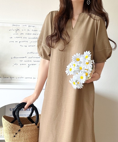 classicalelf（クラシカルエルフ）の「自然体で1枚さらり。夏 使える 前後2way 配色ステッチランタンスリーブワンピース（ワンピース・レディース・ベージュ/モカ/ネイビー/ブラック・LARGE/MEDIUM/SMALL/X-LARGE）」の21枚目の写真