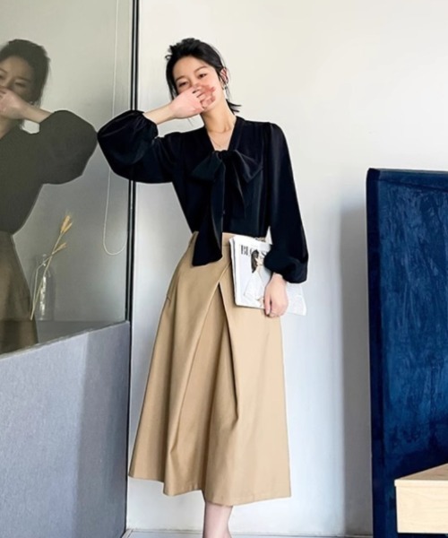 おしゃれスタ（オシャレスタ）の「タイネックパフスリーブブラウス（シャツ/ブラウス・レディース・ブラック/ホワイト・S/M/L/XL）」の6枚目の写真