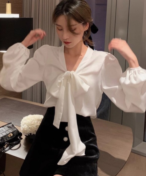 おしゃれスタ（オシャレスタ）の「タイネックパフスリーブブラウス（シャツ/ブラウス・レディース・ブラック/ホワイト・S/M/L/XL）」の14枚目の写真