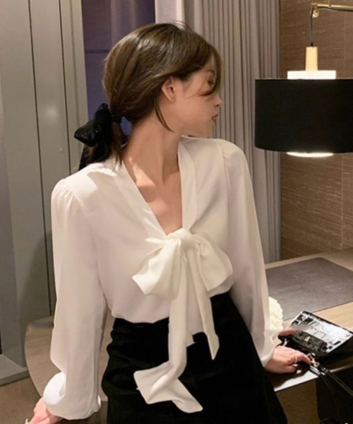 おしゃれスタ（オシャレスタ）の「タイネックパフスリーブブラウス（シャツ/ブラウス・レディース・ブラック/ホワイト・S/M/L/XL）」の9枚目の写真