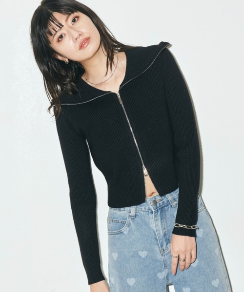 Auntie Rosa Holiday(アンティローザホリデー)の「オープンカラーダブルジップリブカーディガン(カーディガン/ボレロ・レディース・アイボリー/ブラック/グレー・FREE)」の2枚目の写真