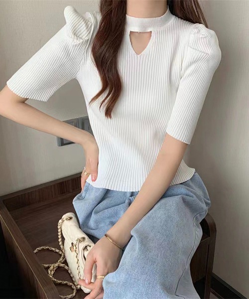トップス jasmine_. セール】【Jasmine】胸あきデザインリブ編みトップス（ニット