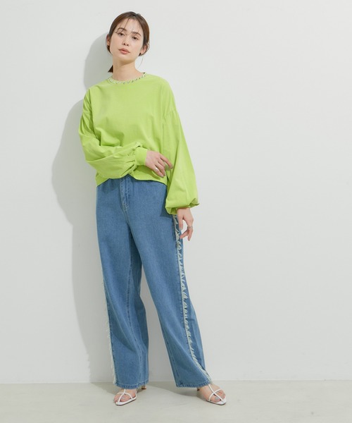le cercle ADAM ET ROPE'(ルセルクルアダムエロペ)の「ビジューピグメントTシャツ(Tシャツ/カットソー・レディース・ブラック系その他/オフホワイト/ライトグリーン・FREE)」の6枚目の写真