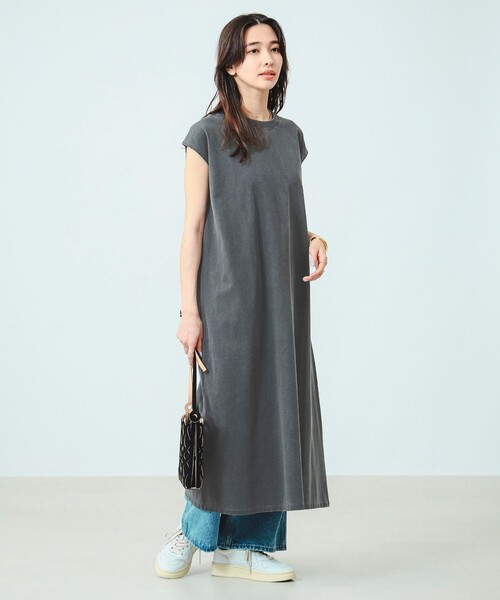 グレー ノースリーブ ワンピース　ブラミンク PRE ダブルフェイスノーカラーワンピース