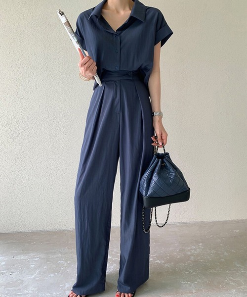 Doula Doula（ドゥーラドゥーラ）の「セットアップ フレンチスリーブシャツ&タックパンツ 2点セット（セットアップ・レディース・ベージュ/ネイビー・FREE）」の22枚目の写真