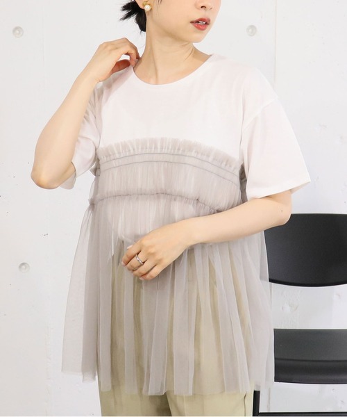 tiptop(ティップトップ)の「チュールドッキングTシャツ(Tシャツ/カットソー・レディース・ブラック/オフホワイト/チャコールグレー・FREE)」の2枚目の写真
