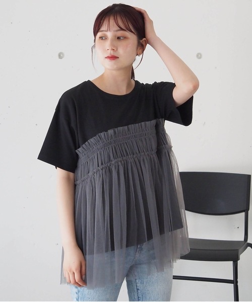 tiptop(ティップトップ)の「チュールドッキングTシャツ(Tシャツ/カットソー・レディース・ブラック/オフホワイト/チャコールグレー・FREE)」の18枚目の写真