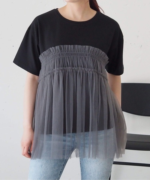 tiptop(ティップトップ)の「チュールドッキングTシャツ(Tシャツ/カットソー・レディース・ブラック/オフホワイト/チャコールグレー・FREE)」の19枚目の写真