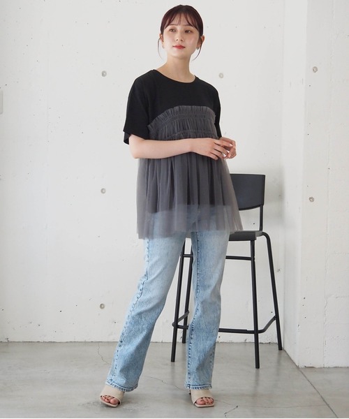 tiptop(ティップトップ)の「チュールドッキングTシャツ(Tシャツ/カットソー・レディース・ブラック/オフホワイト/チャコールグレー・FREE)」の21枚目の写真