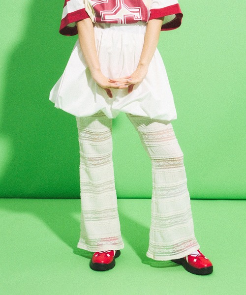 レースパンツ　フレアパンツ　ピンク　古着屋 レースフリルフレアパンツ（その他パンツ）｜PUNYUS（プニュズ