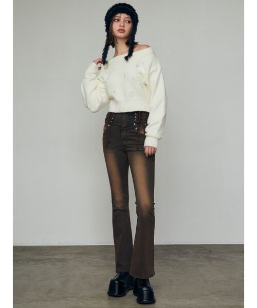 EMODA（エモダ）の「シャギーストライプニットキャップ（ニットキャップ/ビーニー・レディース・ブラック/アイボリー・FREE）」の7枚目の写真