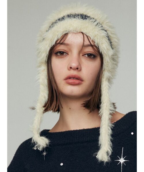 EMODA（エモダ）の「シャギーストライプニットキャップ（ニットキャップ/ビーニー・レディース・ブラック/アイボリー・FREE）」の8枚目の写真