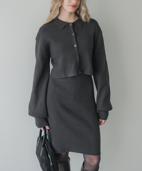 coca（coca）（コカ）の「【WEB限定セール】2点セット リブニット＆ポロカーディガン セットアップ（ワンピース・レディース・ブラック/チャコール・M/L）」の2枚目の写真