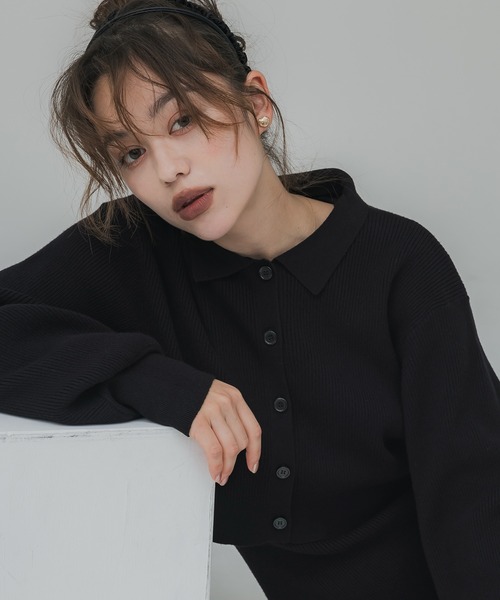 coca（coca）（コカ）の「【WEB限定セール】2点セット リブニット＆ポロカーディガン セットアップ（ワンピース・レディース・ブラック/チャコール・M/L）」の6枚目の写真