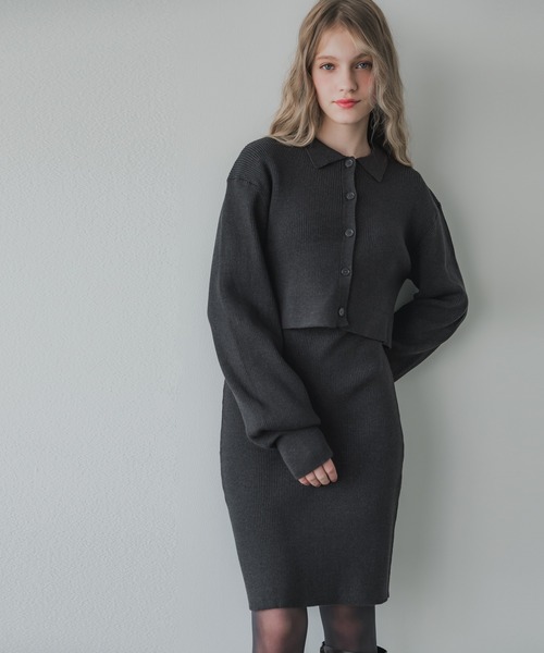 coca（coca）（コカ）の「【WEB限定セール】2点セット リブニット＆ポロカーディガン セットアップ（ワンピース・レディース・ブラック/チャコール・M/L）」の9枚目の写真