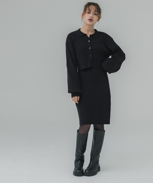 coca（coca）（コカ）の「【WEB限定セール】2点セット リブニット＆ポロカーディガン セットアップ（ワンピース・レディース・ブラック/チャコール・M/L）」の5枚目の写真