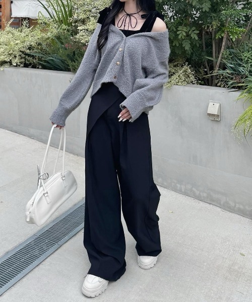 nemne store（ネンネストア）の「《Delfy》肩ベロアリボンニットカーディガン（カーディガン/ボレロ・レディース・グレー/ネイビー・フリー）」の2枚目の写真