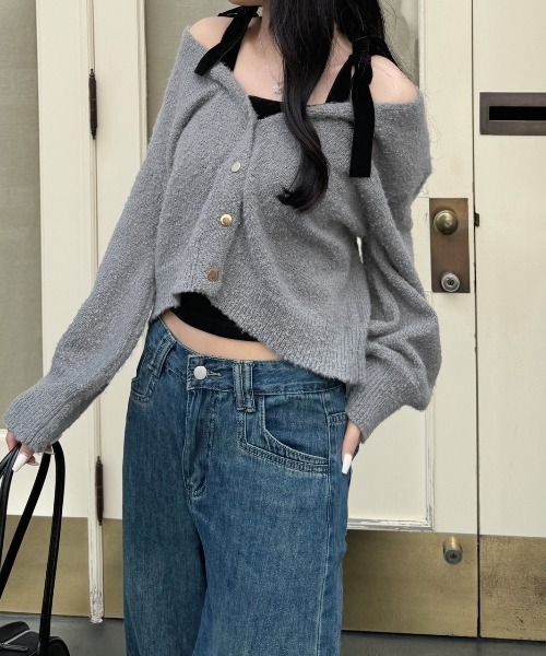 極美品✨ルネ カシミヤ100% カーディガンリボン 2way 肩パッド 着脱可能 セール】《Delfy》肩ベロアリボンニットカーディガン
