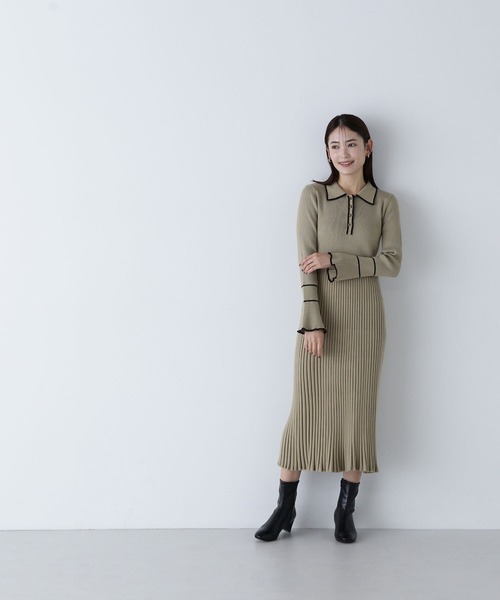 NATURAL BEAUTY BASIC（ナチュラルビューティーベーシック）の「◇ポロバイカラーニットワンピース（ワンピース・レディース・ベージュ系その他/グリーン系その他3/ブラック系その他・MEDIUM）」の22枚目の写真