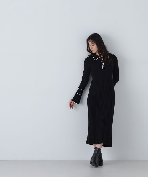 NATURAL BEAUTY BASIC（ナチュラルビューティーベーシック）の「◇ポロバイカラーニットワンピース（ワンピース・レディース・ベージュ系その他/グリーン系その他3/ブラック系その他・MEDIUM）」の6枚目の写真