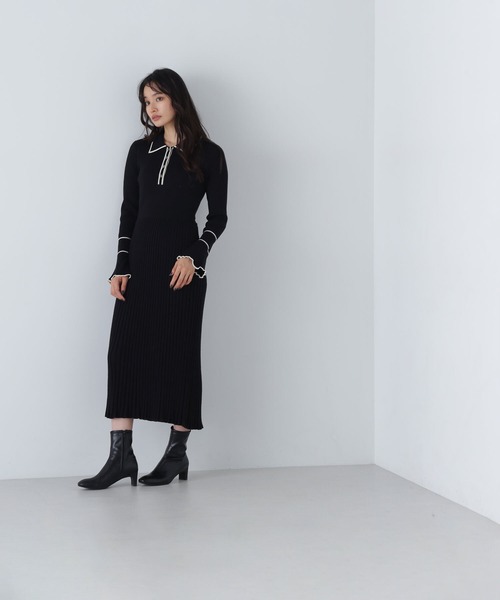 NATURAL BEAUTY BASIC（ナチュラルビューティーベーシック）の「◇ポロバイカラーニットワンピース（ワンピース・レディース・ベージュ系その他/グリーン系その他3/ブラック系その他・MEDIUM）」の9枚目の写真