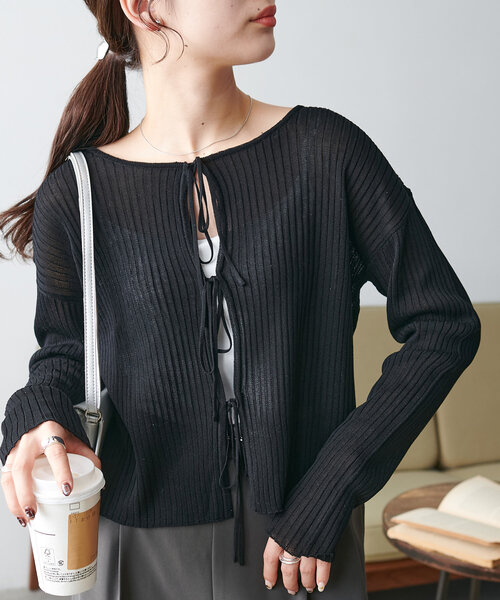 リブ前リボンカーディガン《前後2WAY》（カーディガン/ボレロ