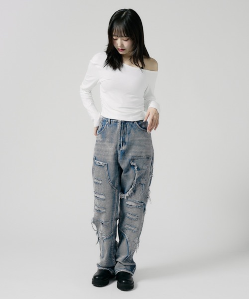 Chick(チック)の「side gathered off-the-shoulder / サイドギャザーオフショルダー(Tシャツ/カットソー・レディース・ホワイト/グレー/ブラック/バーガンディー/ブラウン・FREE)」の10枚目の写真