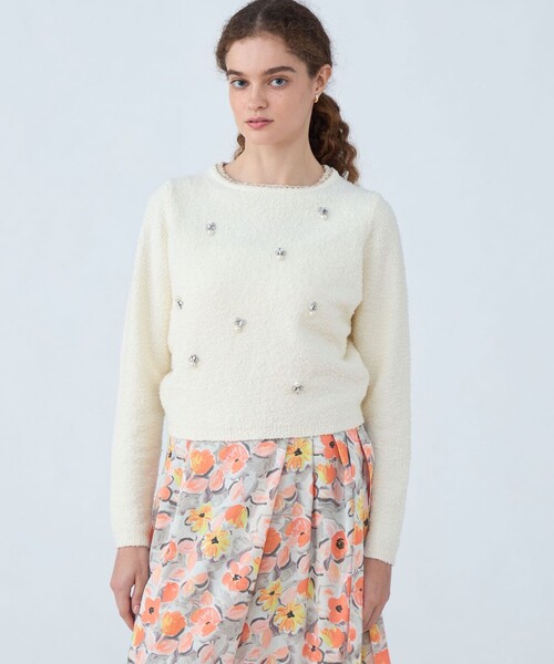 セール】ビジューブークレー クルーネックプルオーバー（ニット