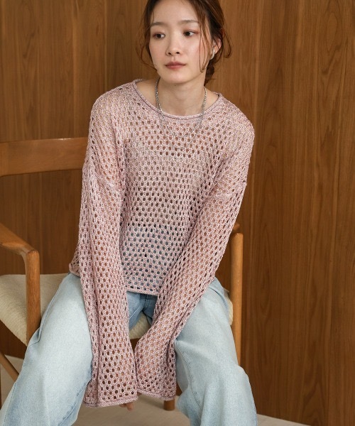 Bab(バブ)の「【セットアップ対応】スパンコールメッシュニット(ニット/セーター・レディース・アイボリー/ピンク/モカ/ライトグレー・FREE)」の4枚目の写真