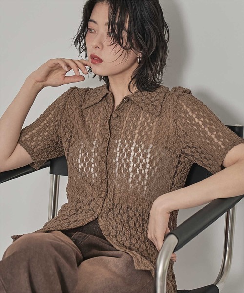 襟付きレース半袖トップス（Tシャツ/カットソー）｜miette（ミエット