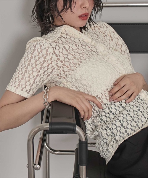 miette（ミエット）の「襟付きレース半袖トップス（Tシャツ/カットソー・レディース・アイボリー/ブラック/ブラウン・FREE）」の7枚目の写真