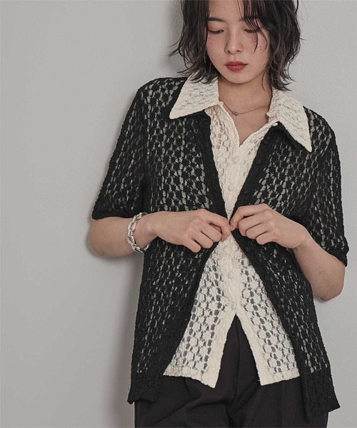 miette（ミエット）の「襟付きレース半袖トップス（Tシャツ/カットソー・レディース・アイボリー/ブラック/ブラウン・FREE）」の4枚目の写真