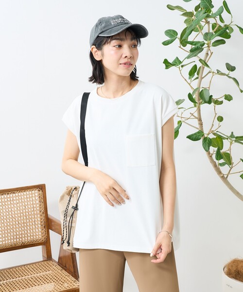 FREAK'S STORE(フリークスストア)の「<接触冷感/UV> AIRDRY HIGHCOOL フレンチスリーブTシャツ/エアドライ ハイクール フレンチスリーブTシャツ(Tシャツ/カットソー・レディース・ブラック/サックスブルー/ホワイト/ピンク/ベージュ・フリ-)」の18枚目の写真