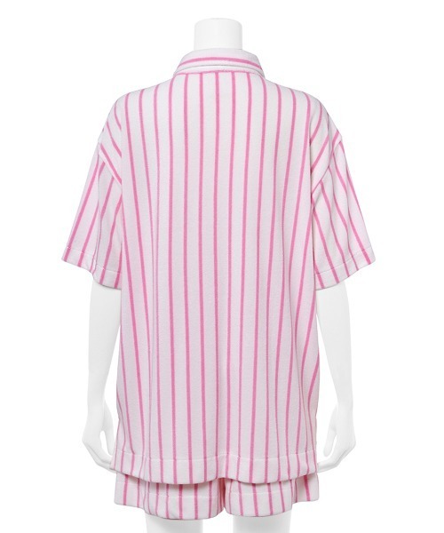 新品タグ付◆gelato pique/フワフワピンクストライプルームウェアセット セール】【接触冷感】ストライプパイルシャツ（ルームウェア