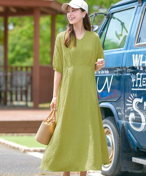 ワッフルVネックワンピース（ワンピース）｜Tiaclasse（ティアクラッセ