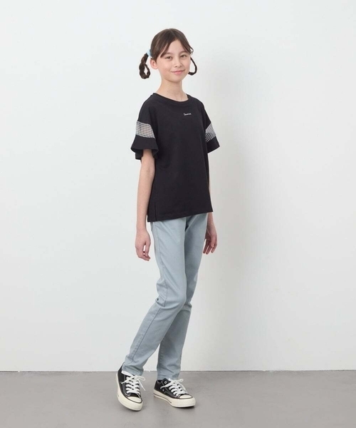 a.v.v（アーヴェヴェ）の「【累計1万枚販売/接触冷感/ジメジメ対策/毛玉になりにくい/安心の綿100％】[100-130]シアーギンガムキリカエスリーブＴシャツ（Tシャツ/カットソー・キッズ・ライトピンク/ブラック/ホワイト/ダークインディゴブルー・100/110/120/130）」の14枚目の写真