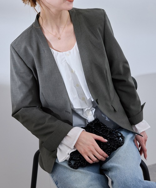 ROPE' PICNIC（ロペピクニック）の「【UV対応】【リネンライク・シリーズ】ノーラペルジャケット/通勤・セットアップ対応（ノーカラージャケット・レディース・ダークブラウン/ネイビー/グレー/グレー系その他・40/38/36）」の19枚目の写真