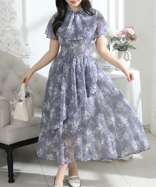 Lace Ladies(レースレディース)の「花柄 ボウタイリボン フレア袖 ティアード ワンピース(ワンピース・レディース・ブルーグレー/ブラック/アイボリー・S/FREE)」の3枚目の写真