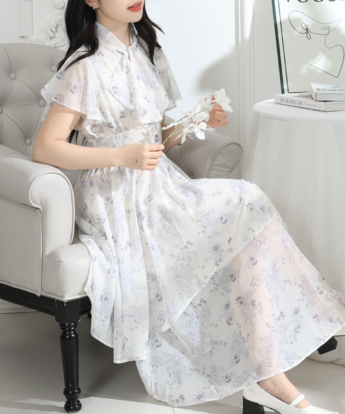 Lace Ladies(レースレディース)の「花柄 ボウタイリボン フレア袖 ティアード ワンピース(ワンピース・レディース・ブルーグレー/ブラック/アイボリー・S/FREE)」の19枚目の写真
