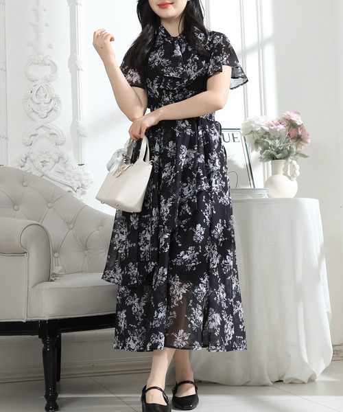 Lace Ladies(レースレディース)の「花柄 ボウタイリボン フレア袖 ティアード ワンピース(ワンピース・レディース・ブルーグレー/ブラック/アイボリー・S/FREE)」の9枚目の写真