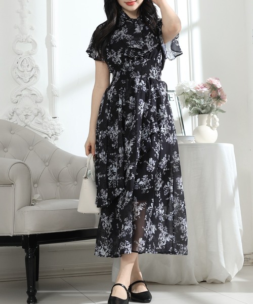 Lace Ladies(レースレディース)の「花柄 ボウタイリボン フレア袖 ティアード ワンピース(ワンピース・レディース・ブルーグレー/ブラック/アイボリー・S/FREE)」の11枚目の写真