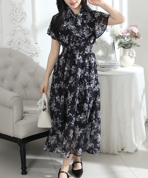 Lace Ladies(レースレディース)の「花柄 ボウタイリボン フレア袖 ティアード ワンピース(ワンピース・レディース・ブルーグレー/ブラック/アイボリー・S/FREE)」の13枚目の写真