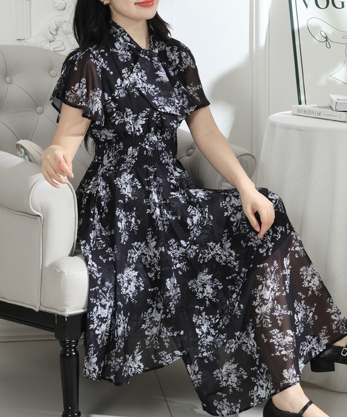 Lace Ladies(レースレディース)の「花柄 ボウタイリボン フレア袖 ティアード ワンピース(ワンピース・レディース・ブルーグレー/ブラック/アイボリー・S/FREE)」の14枚目の写真